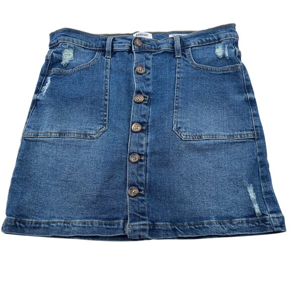 Kensie Jeans Women's High Rise Distressed Denim Skirt Blue Front Button Closure - Picture 1 of 6